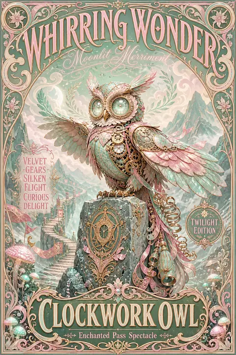 纵向构图的奇想风海报，一只机械发条猫头鹰立于云雾缭绕的高山隘口石碑之上，身躯由薄荷色与糖粉粉色的织锦丝绸、鎏金花纹金属、珍珠母齿轮与缎带羽片构成，双翼半展，姿态 - AI生成图片 1