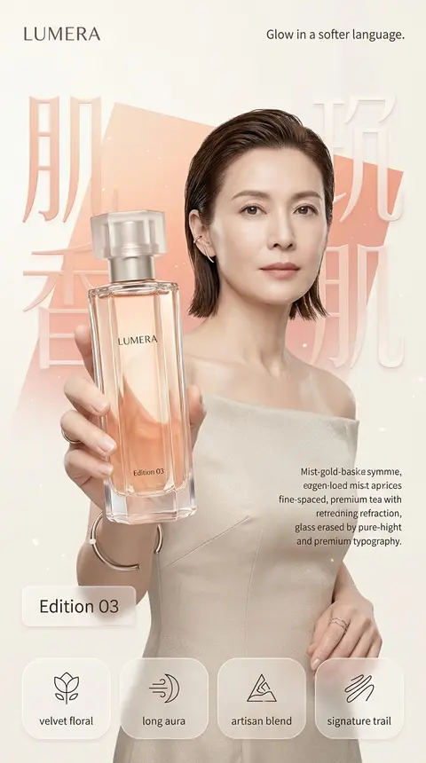 一张精品香氛新品视觉海报，现代雅致且克制，纵向画幅，大面积暖象牙白空间中悬置一块雾感珊瑚杏与珍珠粉过渡的几何色面，整体气息轻盈、洁净、柔润，主色围绕乳霜白、淡金 - AI生成图片 3