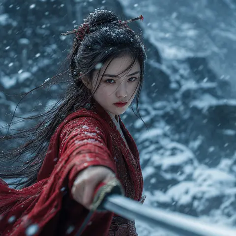 cinematic medium close-up, beautiful young chinese female swordsman, sharp cold - AI生成图片 1