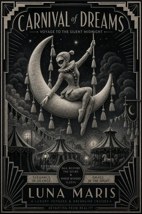 A dreamlike midnight carnival travel poster in elegant art deco design, featurin - AI生成图片 2