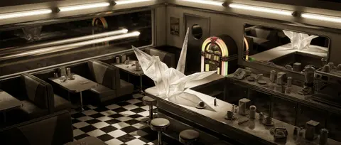 A razor-edged isometric miniature inside a 1950s roadside diner, rendered in mut - AI生成图片 2