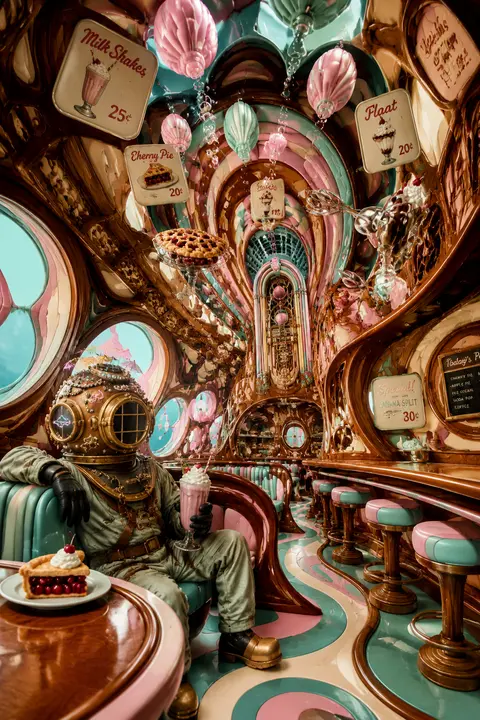 A whimsical surrealist photo collage of a deep-sea diver lounging inside a 1950s - AI生成图片 2