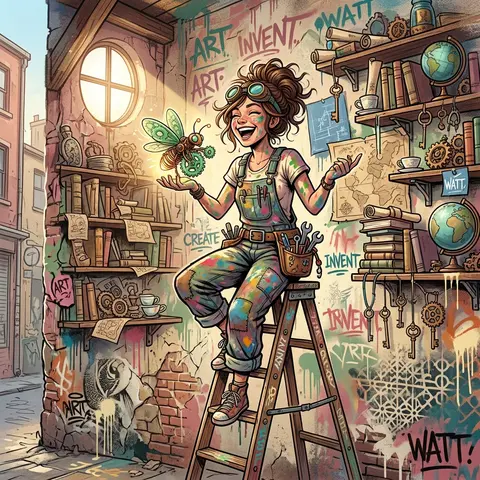 A sun-drenched graffiti street mural of a young tinkering inventor perched atop - AI生成图片 1