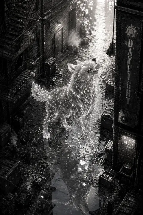 Isometric miniature tableau of a jubilant celestial wolf formed from tiny bone-w - AI生成图片 2