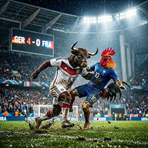A surreal, high-intensity football match unfolds in a rain-drenched stadium wher - AI生成图片 2
