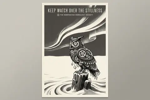 Vertical 9:16 risograph two-tone art print depicting an intricate clockwork owl - AI生成图片 3