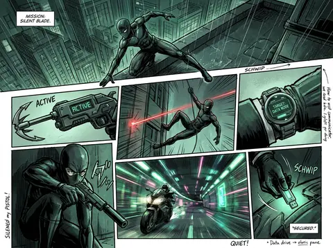 Full-page colored manga illustration of a secret spy mission. 5–7 dynamic panels - AI生成图片 4
