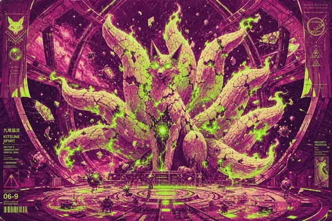 竖版构图，一张史诗感十足的轨道空间站主题视觉海报：中央矗立一只巨大的九尾狐灵，身躯如破裂瓷器雕成，裂纹间迸发酸性霓虹绿光，九条尾巴如神圣彗尾般向外铺展，占据整个 - AI生成图片 2