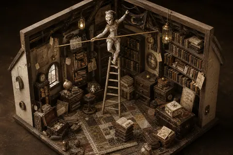A masked carnival acrobat balanced on a ladder in a cozy cluttered attic library - AI生成图片 1
