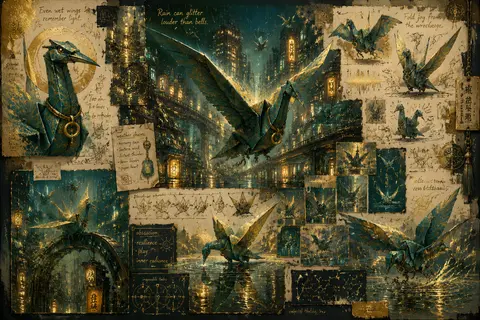 A private atelier folio page devoted to a jubilant sentient origami crane, repea - AI生成图片 1