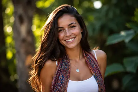 A young woman with long, flowing dark brown hair smiles radiantly, captured in a - AI生成图片 3