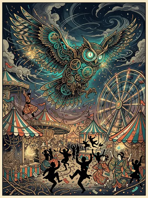 A clockwork owl whirls above a midnight carnival in a storm of motion, its body - AI生成图片 3