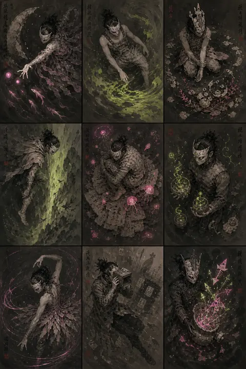 A refined 3x3 art grid in traditional ink wash painting, each panel showing the - AI生成图片 3