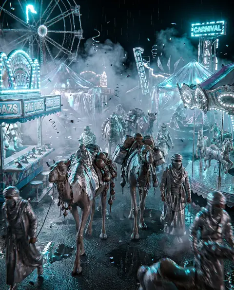 A wind-whipped caravan of veiled dune wanderers surges through a midnight carniv - AI生成图片 3