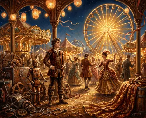 a young tinkering inventor navigating a midnight carnival of brass carousels and - AI生成图片 1