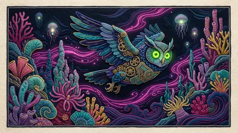 A dreamlike, serene scene of a clockwork owl drifting through the underwater aby - AI生成图片 1