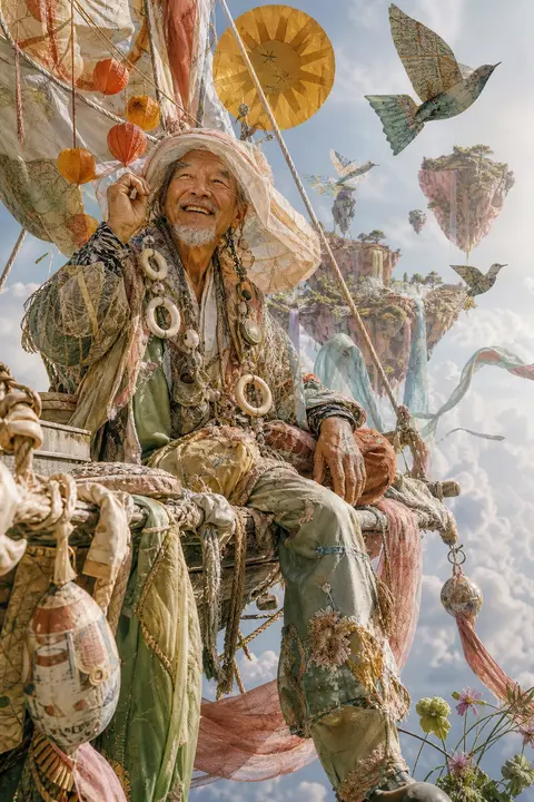 An elderly fisherman with a weathered smile lounges on the edge of a drifting sk - AI生成图片 2