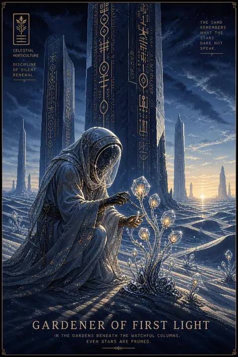 A lone celestial horticulturist in a flowing pressure-veil robe kneels among win - AI生成图片 1