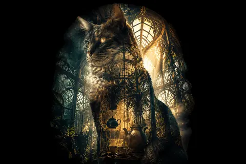 A monumental double-exposure photograph of an imperious tea-house cat poised lik - AI生成图片 1