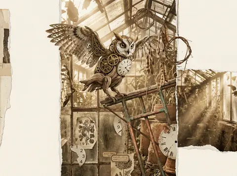 Full-length surrealist photo collage of a clockwork owl in a sun-drenched greenh - AI生成图片 2