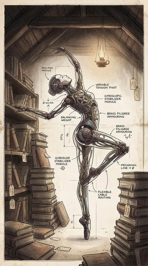 robotic ballet dancer, cozy cluttered attic library, blueprint schematic illustr - AI生成图片 2