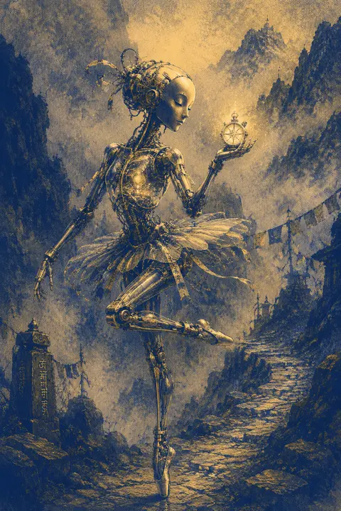 playful whimsical portrait of a robotic ballet dancer poised in a fog-drenched m - AI生成图片 2
