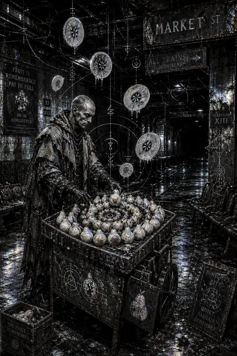 A gaunt fruit vendor with a shaved head and hollow, watchful eyes stands alone b - AI生成图片 2