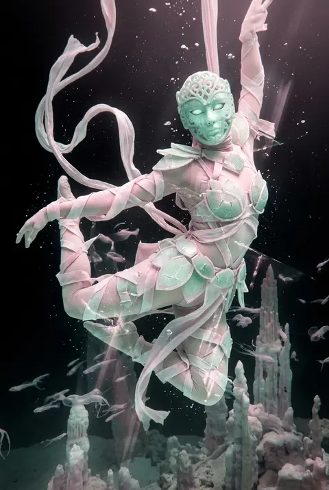 A masked carnival acrobat drifts alone in a lightless ocean trench, suspended mi - AI生成图片 2