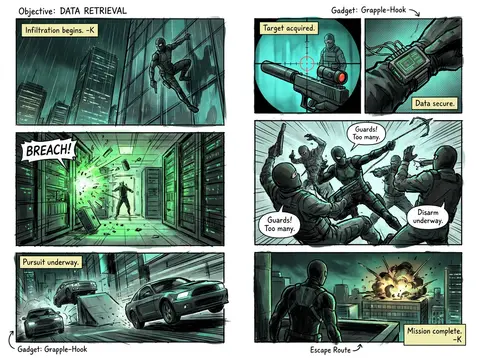 Full-page colored manga illustration of a secret spy mission. 5–7 dynamic panels - AI生成图片 3