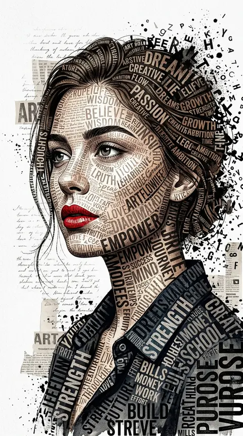 A striking typographic portrait of a young woman with a thoughtful three-quarter - AI生成图片 4