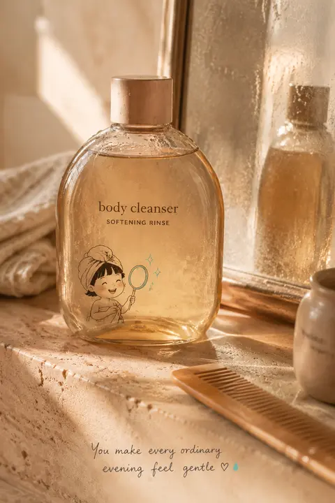 Hyper-detailed editorial product still life of a translucent amber body wash fla - AI生成图片 2