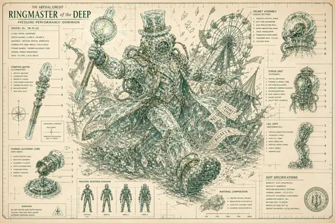 Full-body blueprint schematic of a deep-sea diver ringmaster in a frosted crysta - AI生成图片 1