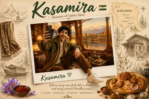 一张高质感旅行海报 / 社交媒体封面设计，主题为“Kasamira”，整体采用温暖米色与奶油色纸张背景，带轻复古手帐拼贴与明信片美学；画面中央是一张略微倾斜的白 - AI生成图片 2