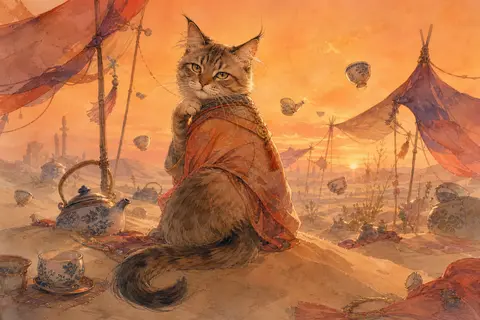 a tea-house cat perched atop a low dune at dawn, body curled away then turning i - AI生成图片 1