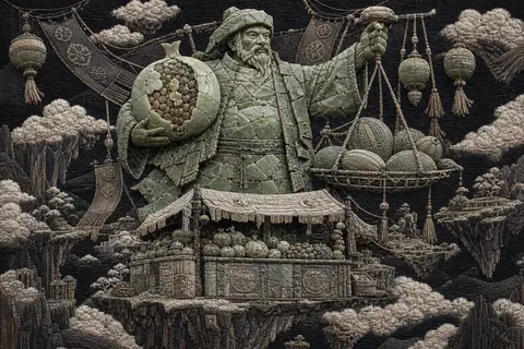 An embroidered textile tableau of a market fruit vendor towering on a chain of f - AI生成图片 1