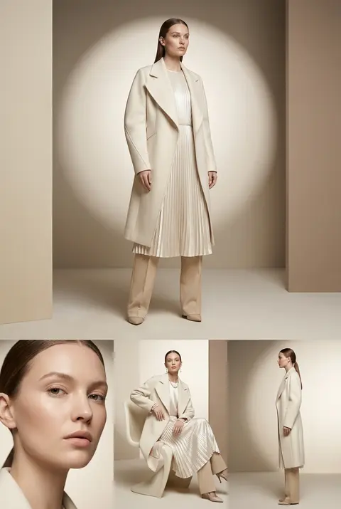 High-fashion editorial collage in a tall vertical layout, featuring **Elara Voss - AI生成图片 4