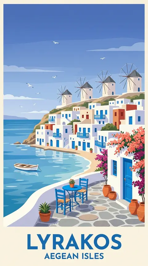 一张复古旅行海报风格的爱琴海虚构海岛“Lyrakos”海景插画，竖版构图，干净的中世纪现代主义平面插画风，柔和粉彩配色，高饱和但不刺眼，大片纯净天空蓝与海湾深浅 - AI生成图片 1