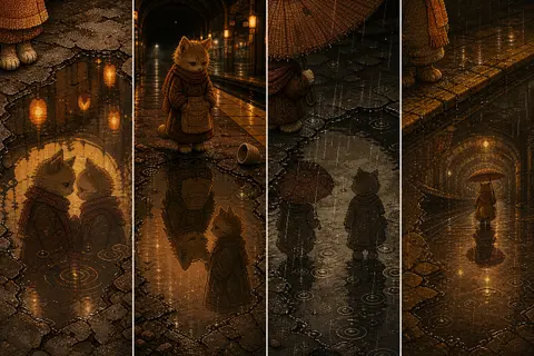 1. A tea-house cat pacing beside a cracked puddle on an abandoned subway platfor - AI生成图片 1