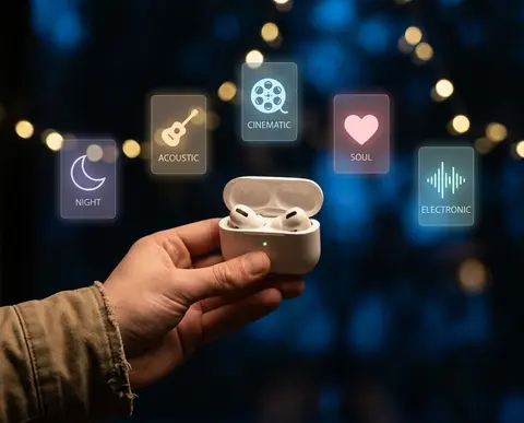one natural hand holding the open charging case as the emotional anchor. a few f - AI生成图片 4