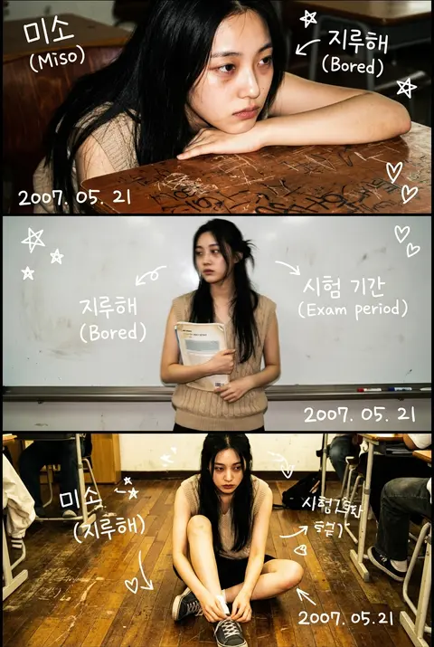vertical 3-panel college photo strip, subject: Minseo Han, a fictional Seoul art - AI生成图片 1