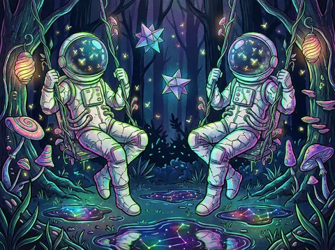 Twin astronaut explorers with mirrored silhouettes and mischievous body language - AI生成图片 1