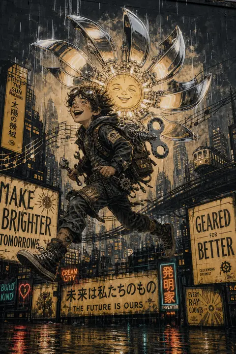 A vast graffiti street mural of a freckled young tinkering inventor sprinting ac - AI生成图片 1