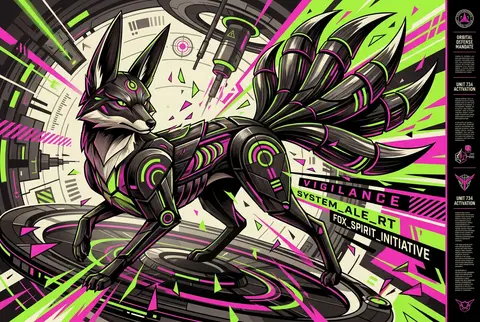 A feral nine-tailed fox spirit dominates a tall orbital-station propaganda poste - AI生成图片 2
