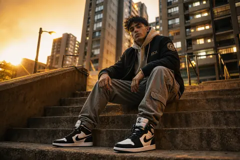 A stylish young man sitting confidently on raw concrete steps inside a dense urb - AI生成图片 2