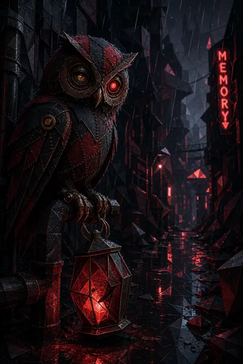 A lone clockwork owl with stitched soft-felt plumage perches in a rain-slick bac - AI生成图片 3