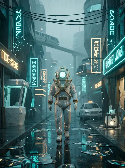 Dreamlike serene low-poly 3D render of a solitary deep-sea diver wandering throu - AI生成图片 3