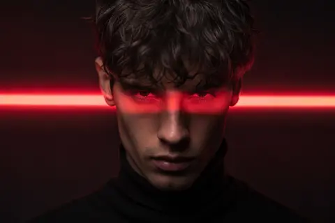 Cinematic studio portrait of a young man with messy textured hair, wearing a bla - AI生成图片 2