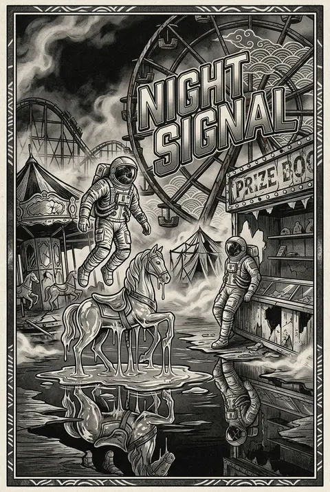 Twin astronaut explorers drifting through a midnight carnival of rusted rides an - AI生成图片 3