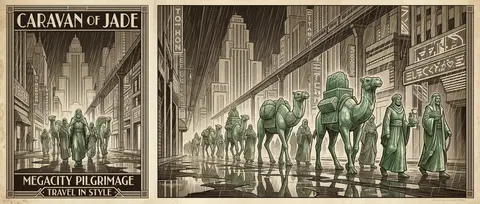 A towering art deco travel poster depicting a desert nomad caravan advancing thr - AI生成图片 3