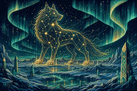 A monumental 16-bit pixel art scene of a colossal wolf formed entirely from star - AI生成图片 1